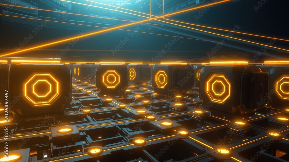 Fototapeta premium Futuristic corridor glows with orange neon lights. Geometric shapes create endless perspective, dark background dominates scene.