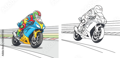 Sportbike Racing Illustration and Coloring Page for Kids: Vibrant Colored Version and Black and White Line Art of a Professional Motorcycle Rider on a Circuit Race Track