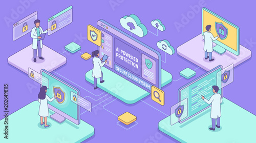 Isometric illustration of scientists and healthcare professionals working with secure digital medical records and data.