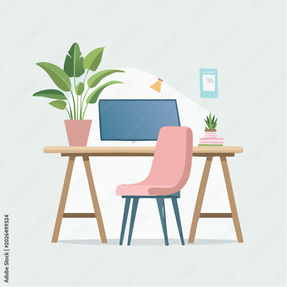 Fototapeta premium Cozy home office with desk, chair, computer, and plants on a light background