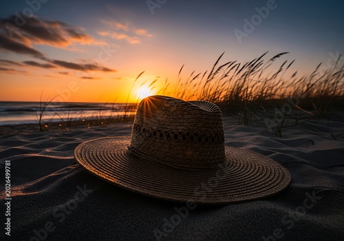 Woven Straw Hat Resting on Sandy Beach at Golden Ocean Sunset