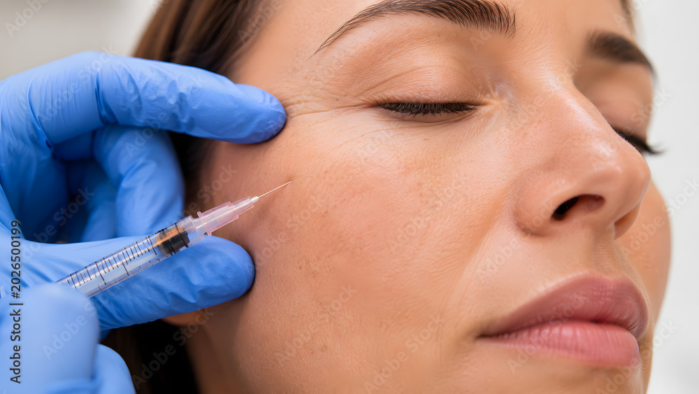 Naklejka premium A woman's face undergoes a cosmetic procedure as a gloved hand carefully injects filler near her eye, focusing on rejuvenation and aesthetic improvement.