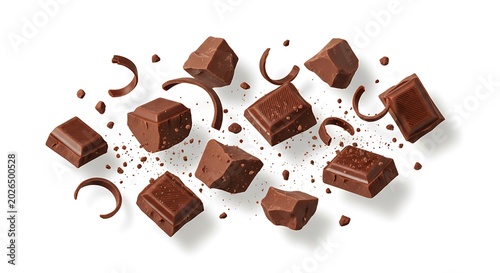 Assorted Milk Chocolate Pieces Floating with Crumbs on White Background