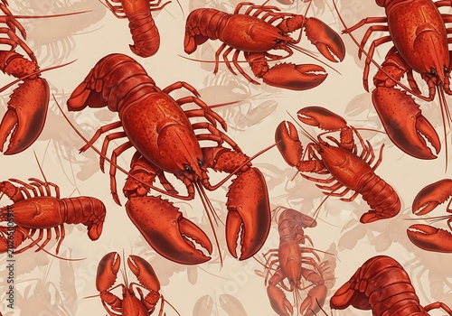 Red Lobster Pattern Arranged on Cream Seafood Illustration Background