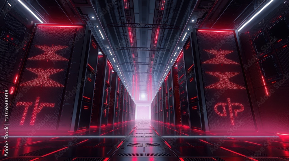 Fototapeta premium Long corridor filled with server racks. Red lights illuminate metallic surfaces, creating futuristic atmosphere. Dark, sleek design dominates space.