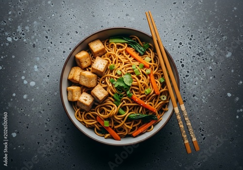 Savory Asian Noodle Bowl with Tofu and Vegetables on Dark Stone Surface