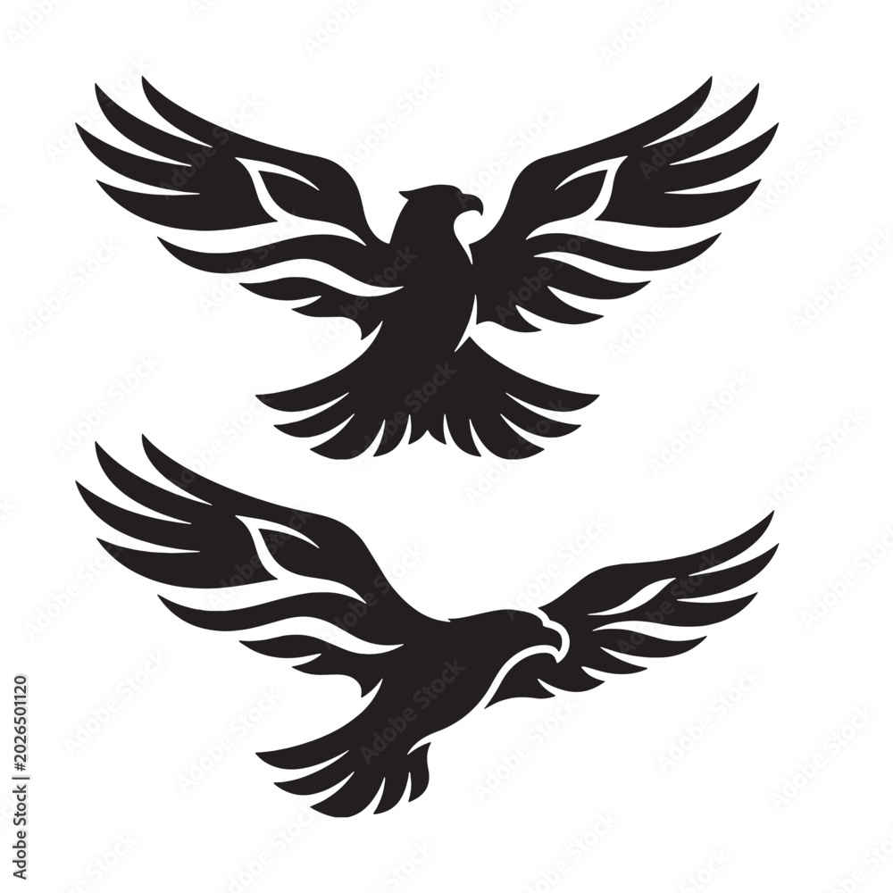 Fototapeta premium Dual Flying Eagle Phoenix Wing Black Silhouette Vector Emblem Set