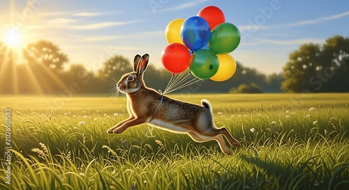 Playful Brown Rabbit Leaping with Colorful Balloons in Sunlit Meadow