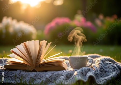 Open Book and Steaming Cup Arranged on Cozy Blanket in Sunlit Garden
