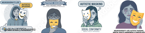 Neurodiversity Life. Autistic Masking. Woman Holding False Smile Mask Over Exhausted and Tired Real Face. Social Conformity Concept. Mental Health Awareness and Camouflage, set isolated on white