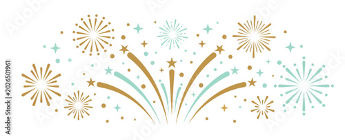 Minimalist festive firework banner vector illustration featuring elegant gold and teal starbursts for new year and celebration holiday events