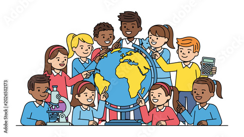 Fotografia Global Learners Unite: A vibrant illustration shows a diverse group of enthusiastic schoolchildren gathered around a globe, eager to learn about the world and science