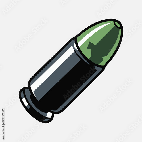 Sleek 2D vector bullet sprite illustration with metallic casing and green tip for video game asset design