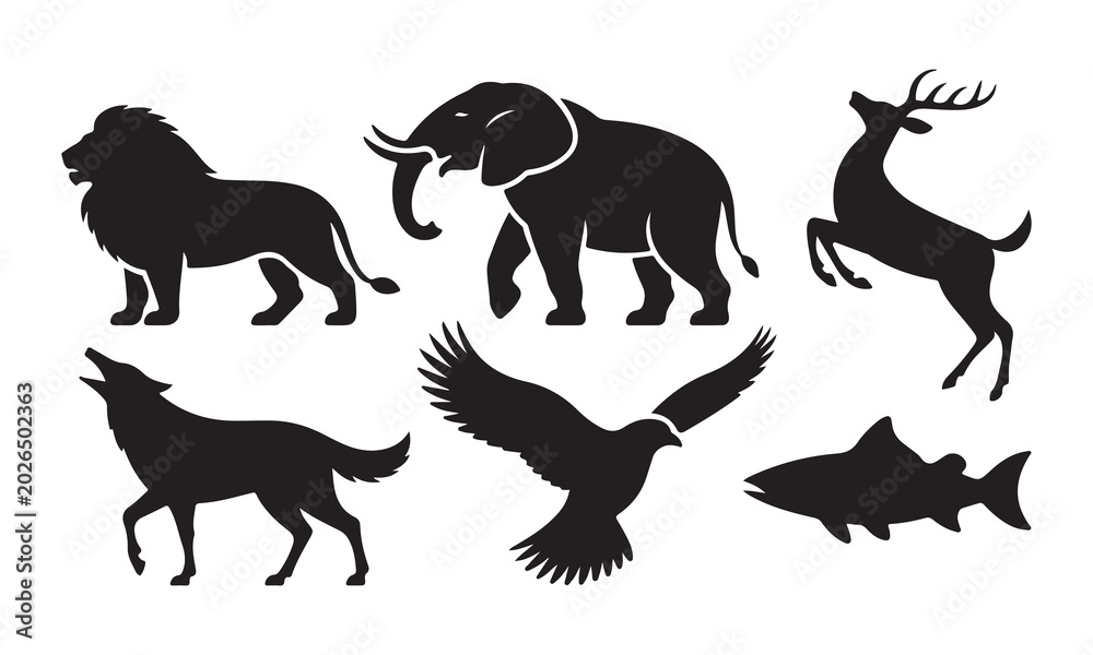 Obraz premium Wild animals silhouettes set featuring lion elephant deer howling wolf flying eagle and fish vector illustration concept icons