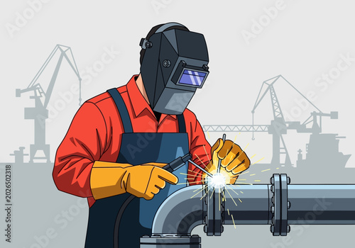 Bild auf Leinwand Professional Welder Working on Metal Pipe in Shipyard with Industrial Cranes Bac