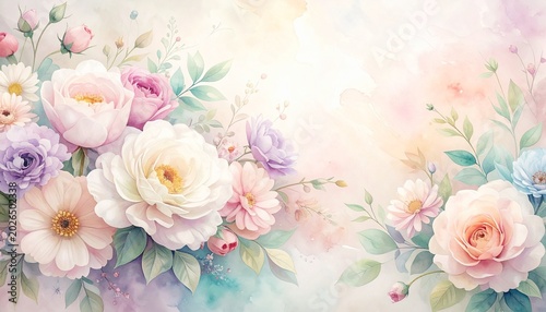 Watercolor flower wallpaper, soft pastel tones, elegant floral composition, dreamy aesthetic, high detail, seamless pattern, gentle lighting, artistic background design