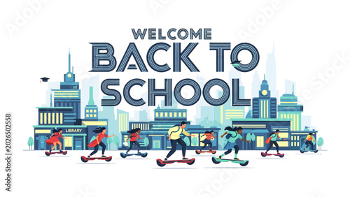 Foto Welcome Back to School: A vibrant cityscape serves as the backdrop for energetic students riding scooters, embracing the start of a new academic year with excitement
