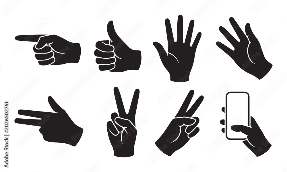 Fototapeta premium Hand gestures silhouettes set featuring thumbs up pointing victory sign holding smartphone and okay symbol vector illustration