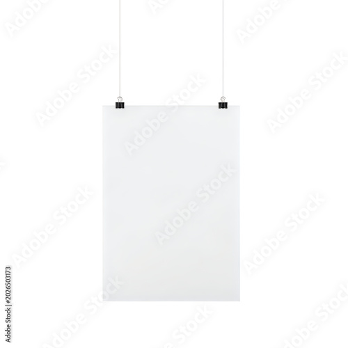 Blank white poster hanging on a wall with two clips