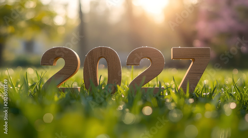 Large wooden numbers 2027 standing on green grass field with soft morning sunlight bokeh