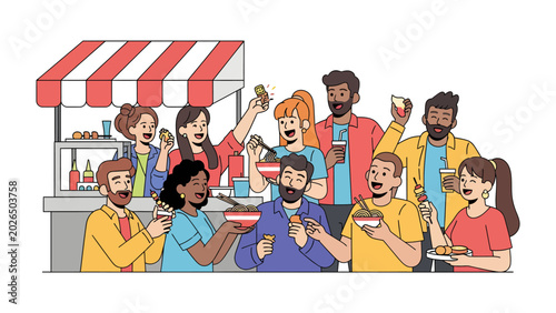 Tableau sur toile Street Food Fiesta: A vibrant group of people enjoys delicious street food from a bustling stall, capturing the lively atmosphere and culinary delight