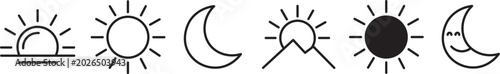 Photos Day and night cycle icon set showing morning sunrise, bright noon sun, mountain sunset, and crescent moon