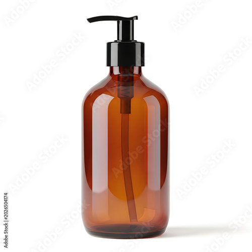 Amber soap dispenser bottle with black pump on white background