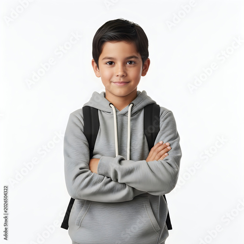 Young boy with backpack standing confidently with arms crossed