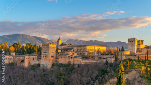 Granada city skyline, view of the Alhambra palace and fortress complex, Spain