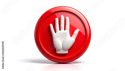 Red Stop Sign with White Hand Symbol Isolated on White Background.