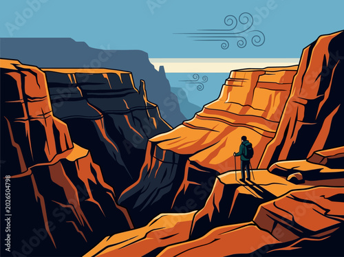 Foto Hiker Standing on Edge of Grand Canyon at Sunrise Vector Illustration - Adventur
