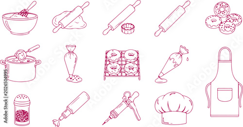 Foto Collection of baking and pastry tools and ingredients in a cartoonish line art style isolated on transparent background