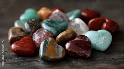 A collection of colorful heart-shaped stones on a dark surface