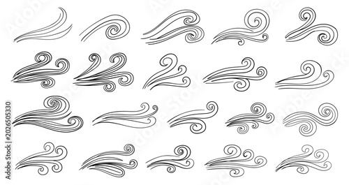 Принти на полотні Set of wind gust icons, hand drawn doodle style, collection of stylized air flow
