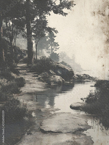 river in black and white vintage art style