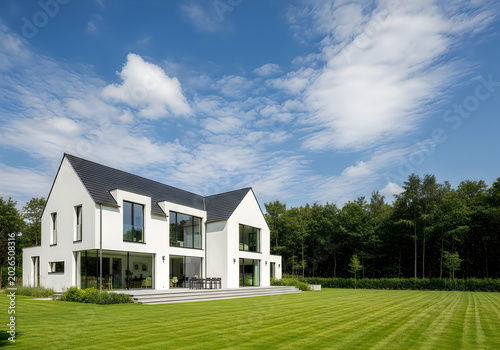 Modern white house with black roof and large windows on green lawn