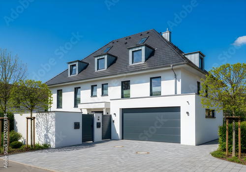 Modern white house with gray roof and driveway on sunny day with trees