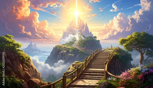 A breathtaking landscape depicts a mountain bathed in ethereal light, with a pathway ascending through lush greenery towards the radiant peak