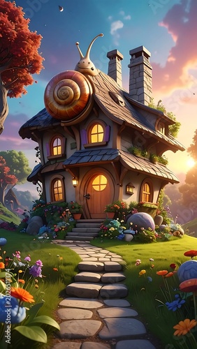 Fantasy snail house with stone pathway in enchanted garden at sunset