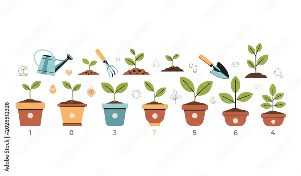 Fototapeta premium Modern plant growth cycle with watering can and pots vector design