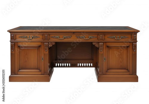 Elegant wooden office desk with leather writing surface and drawers isolated on transparent background