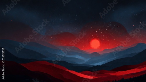 A vibrant digital illustration of a red moon setting over a mountain range at dusk with a starry night sky