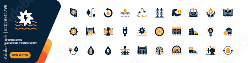 Bild auf Leinwand Hydroelectric and Renewable Water Energy Icon Set