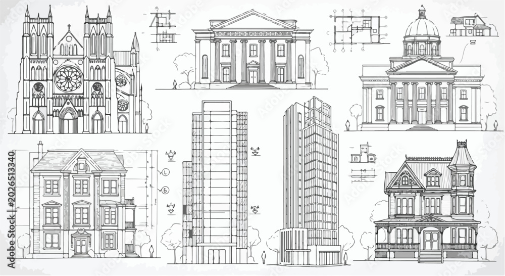 Obraz premium Architectural Building Sketch Vector Illustration Design Collection