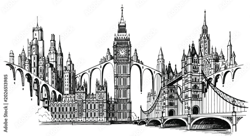 Obraz premium Surreal London Cityscape Architecture Vector Hand Drawn Illustration