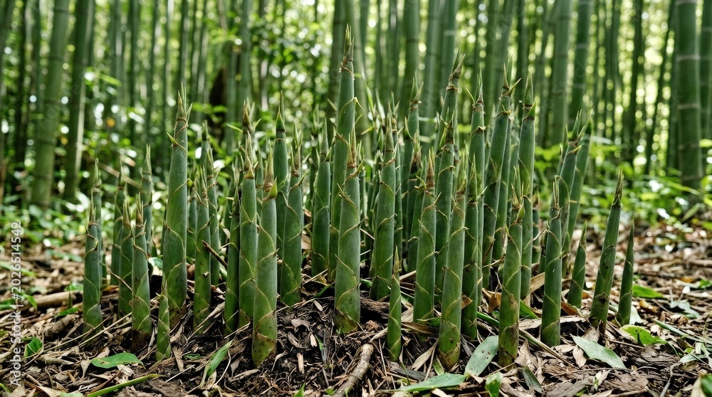 Fototapeta premium Fresh bamboo shoots emerging from forest floor in dense green growth foliage