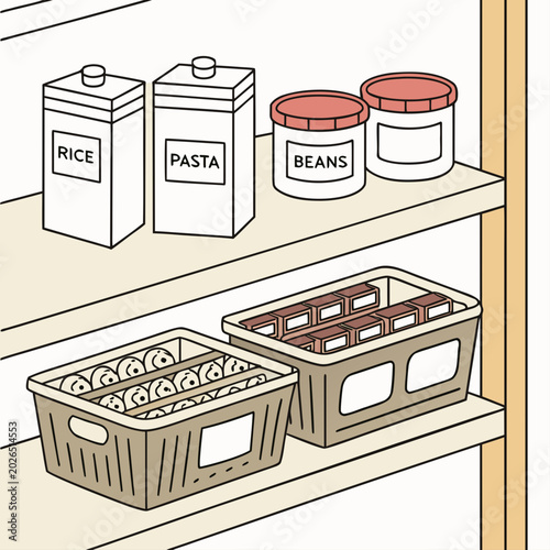 Fotografía Stocked and organized kitchen pantry shelf with labeled food canisters and stora