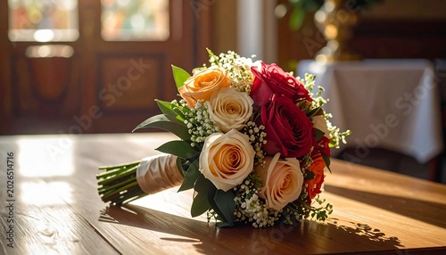A bridal bouquet rests on a wooden table, illuminated by sunlight. The flowers feature orange, red, and cream roses, with greenery