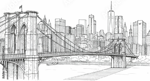 Brooklyn Bridge and New York City Skyline Sketch Vector Illustration