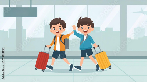 Schilderij op canvas illustration Two little sibling boys having fun and going on vacations trip with suitcase at airport, indoors